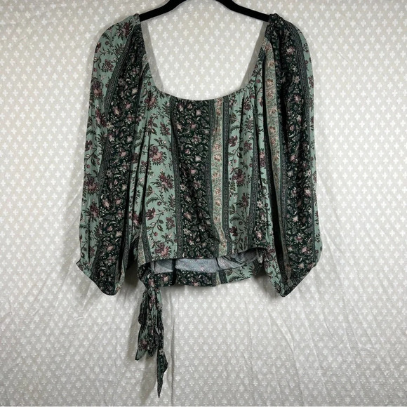 American Eagle‎ Green Blue Floral Tie Front Balloon Sleeve Top - Picture 5 of 5